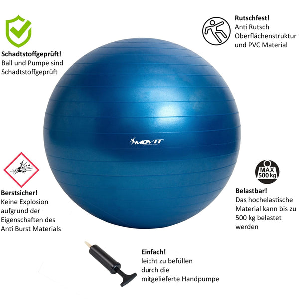 Minge de exercitii, MOVIT®, cu pompa de picior, 75 cm, violet - Gorilla Sports Ro