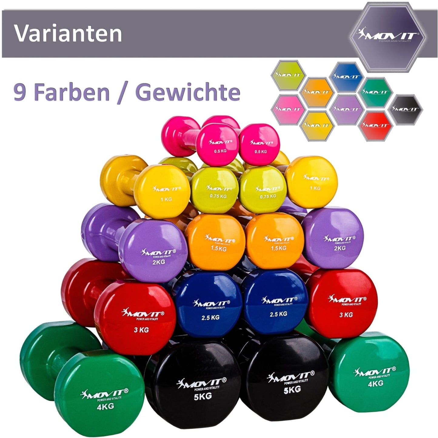 Set de 2 gantere, greutate 1 - 10 kg, Multi Colorat, MOVIT