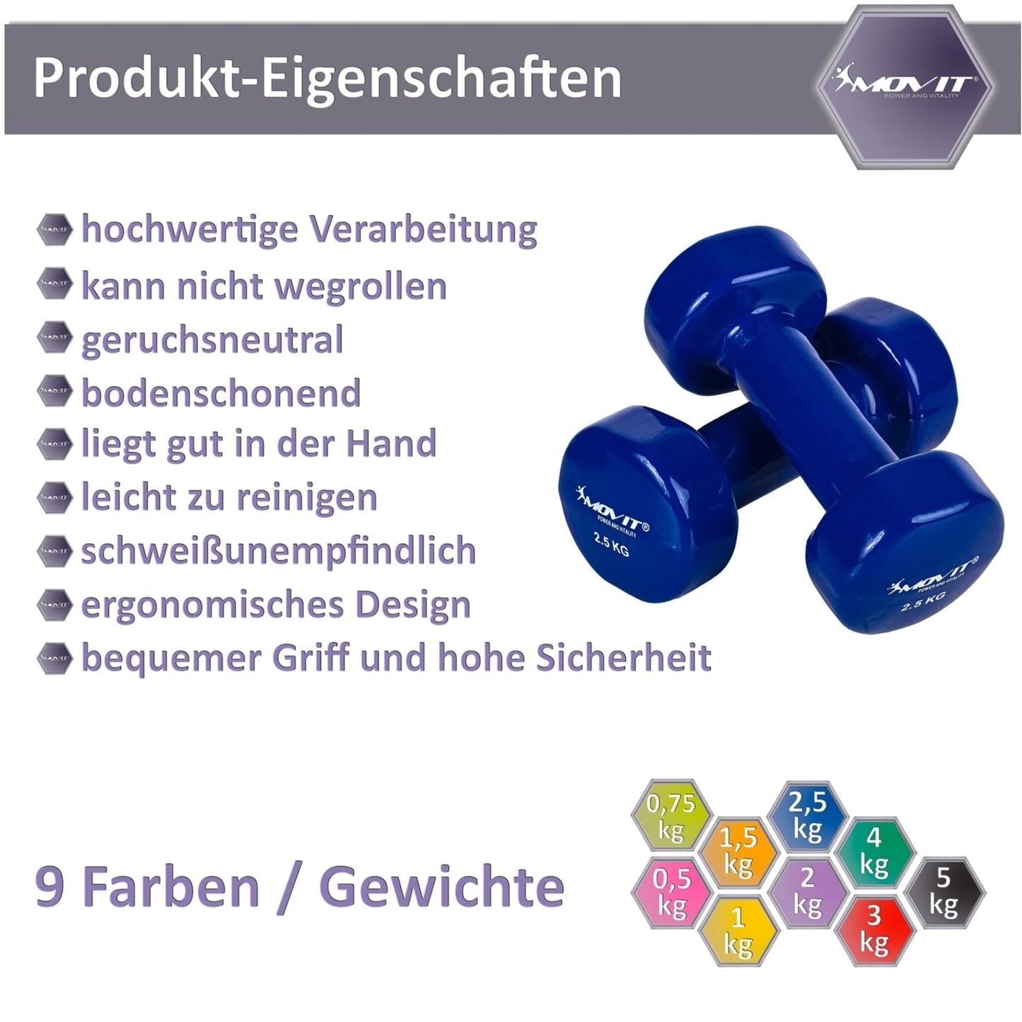 Set de 2 gantere, greutate 1 - 10 kg, Multi Colorat, MOVIT