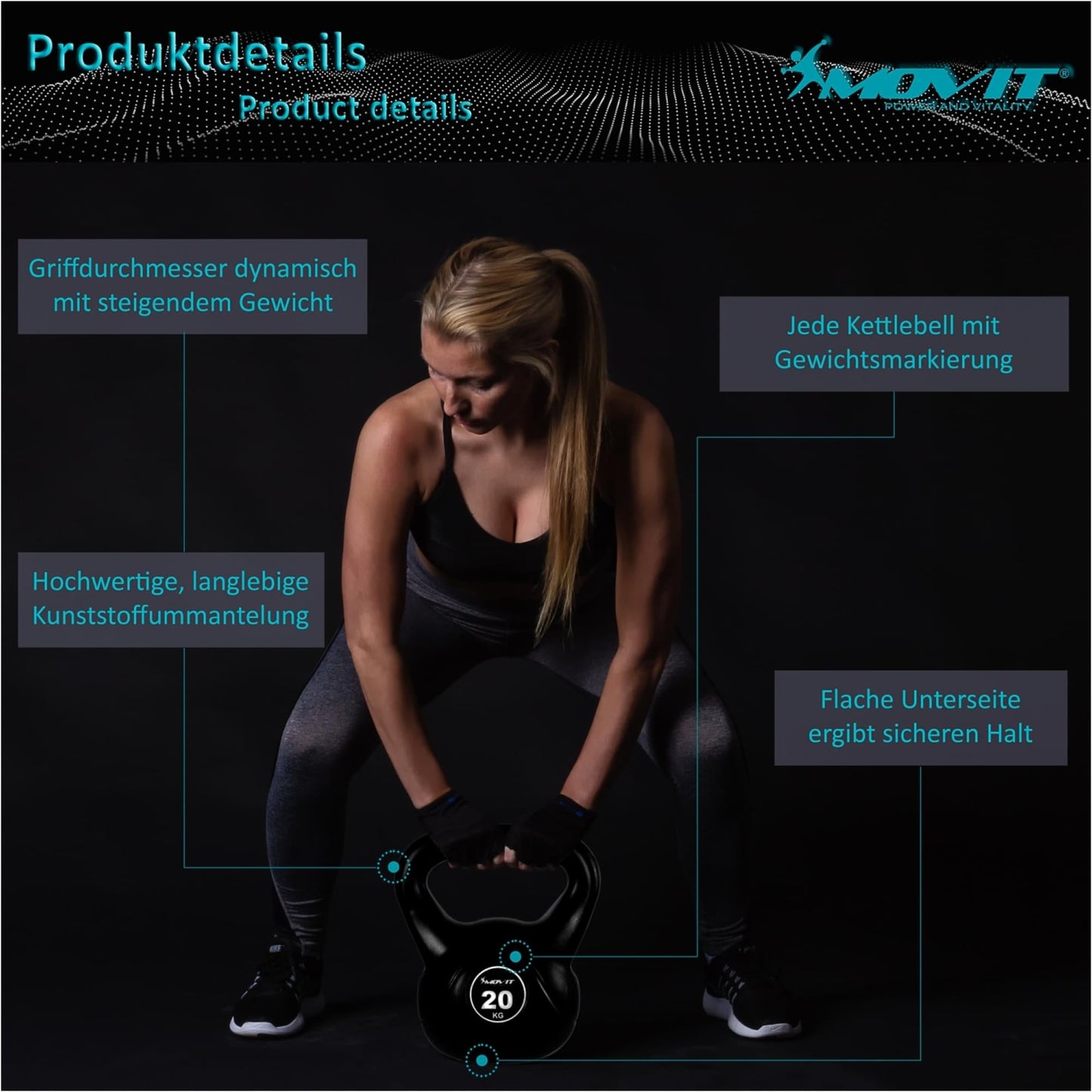Kettlebell, ciment, 2 - 20 KG, negru MOVIT