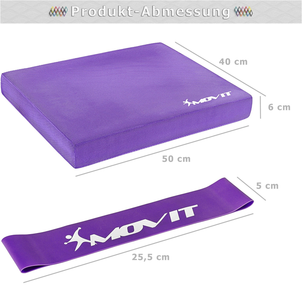 Pernă de MOVIT® Balance Pad violet cu bandă de exerciții - Gorilla Sports Ro