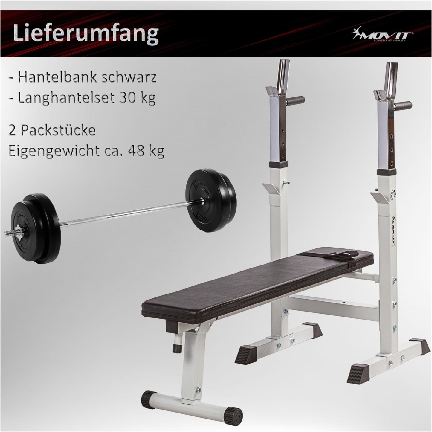 Banca, MOVIT®, + set greutati de 30 Kg, alba - Gorilla Sports Ro