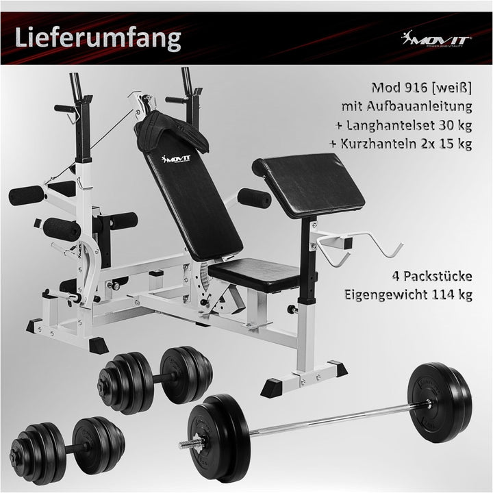 Banca multifunctionala, MOVIT®, inclusiv gantere de 60 Kg, alb - Gorilla Sports Ro