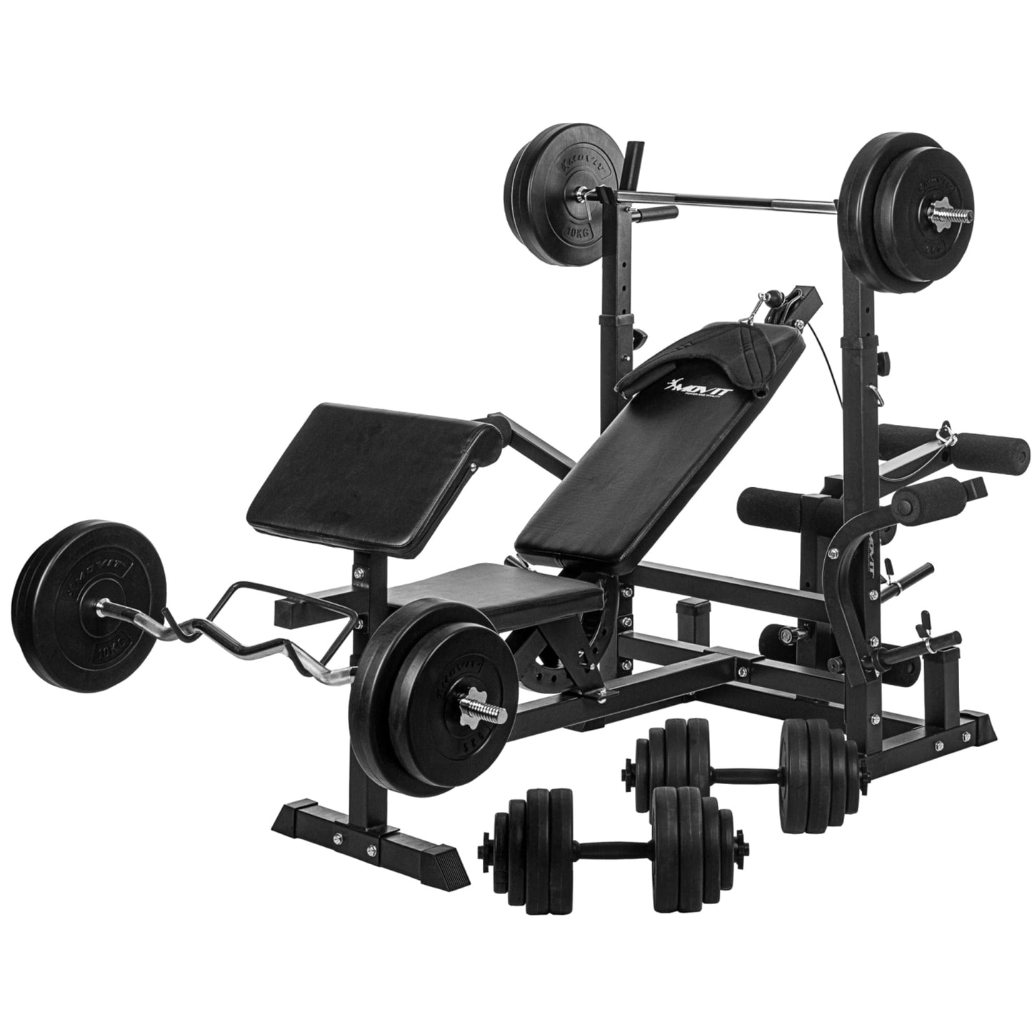 Banca multifunctionala, inclusiv gantere de 115 Kg, alb/negru MOVIT