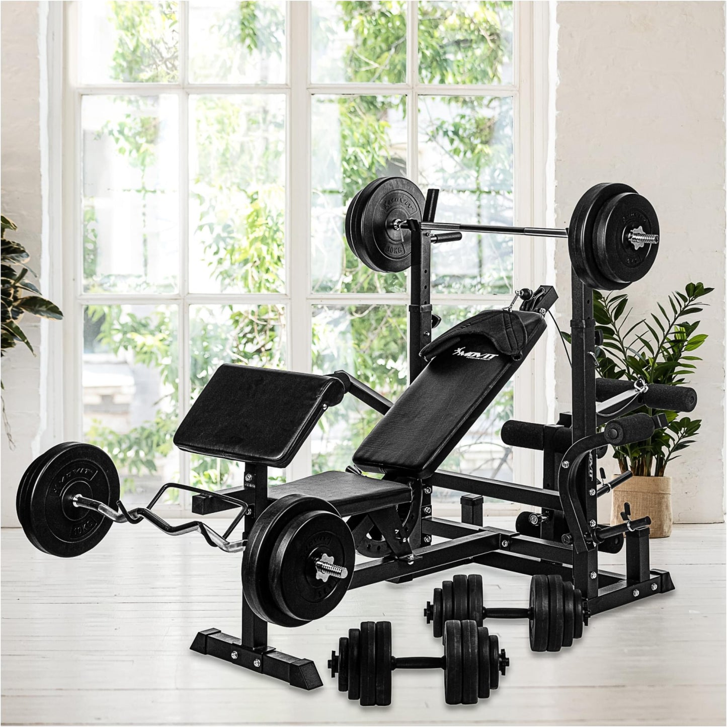 Banca multifunctionala, inclusiv gantere de 115 Kg, alb/negru MOVIT