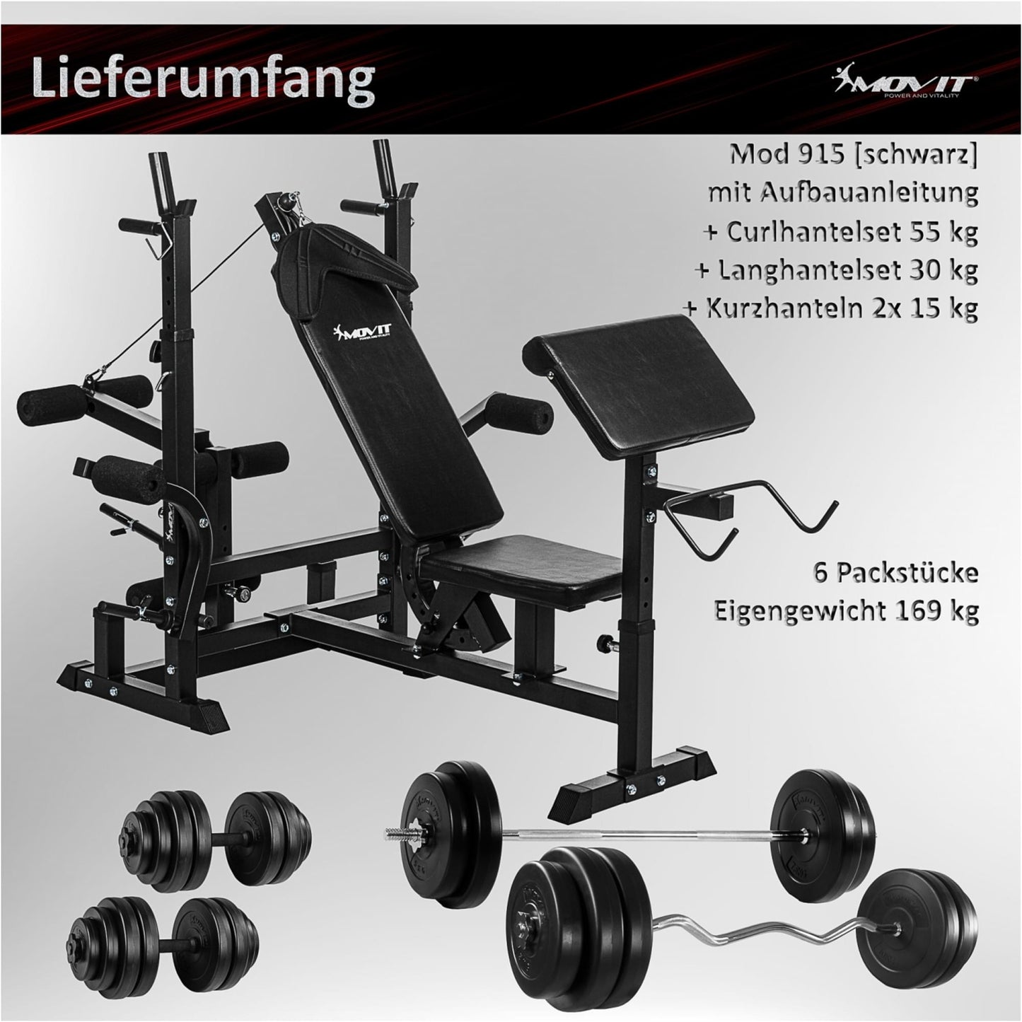 Banca multifunctionala, inclusiv gantere de 115 Kg, alb/negru MOVIT