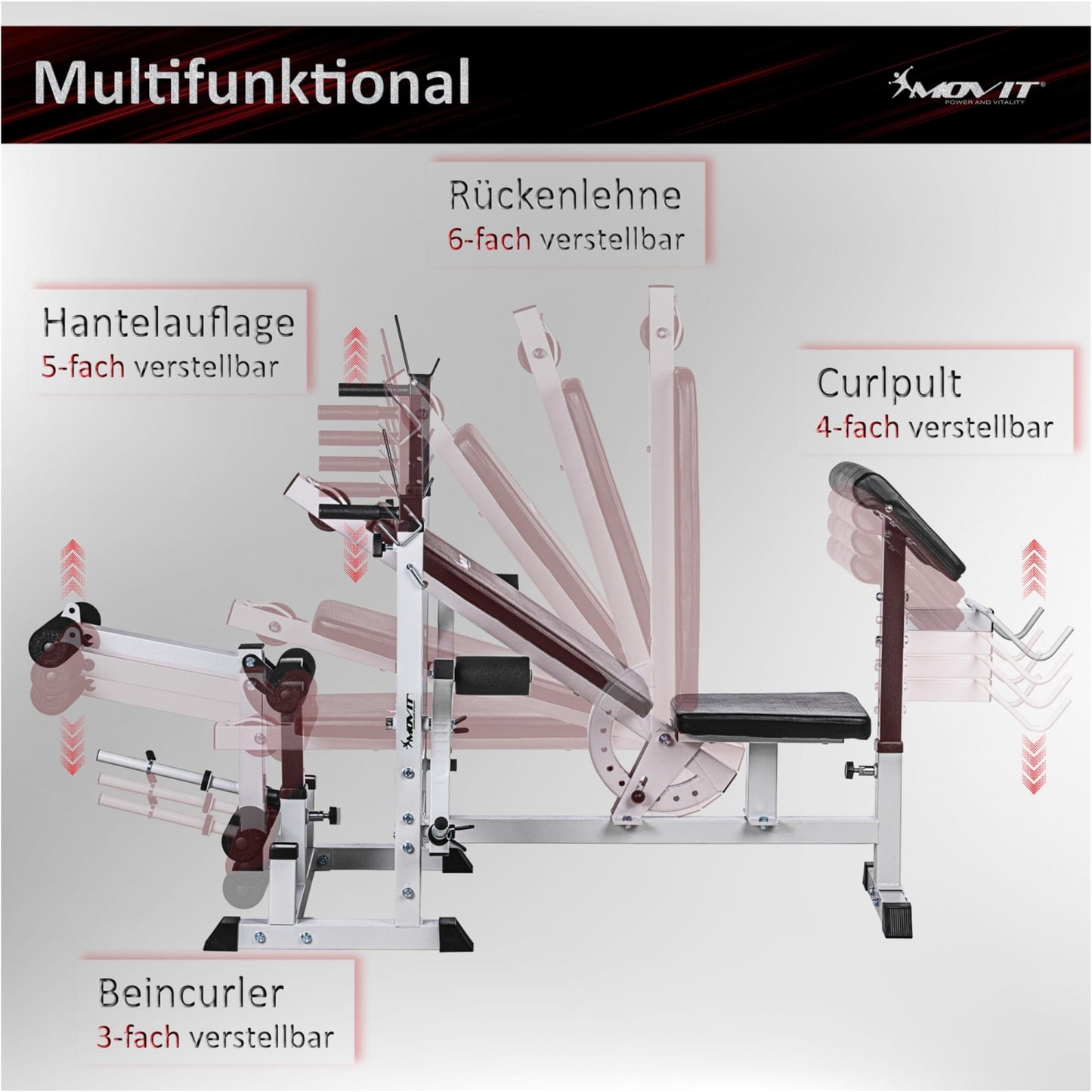 Banca multifunctionala, inclusiv gantere de 115 Kg, alb/negru MOVIT