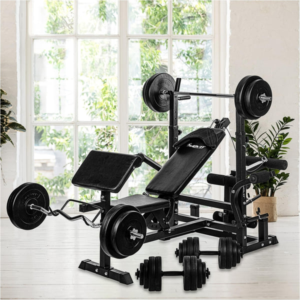 Banca multifunctionala, MOVIT®, inclusiv gantere de 115 Kg - Gorilla Sports Ro