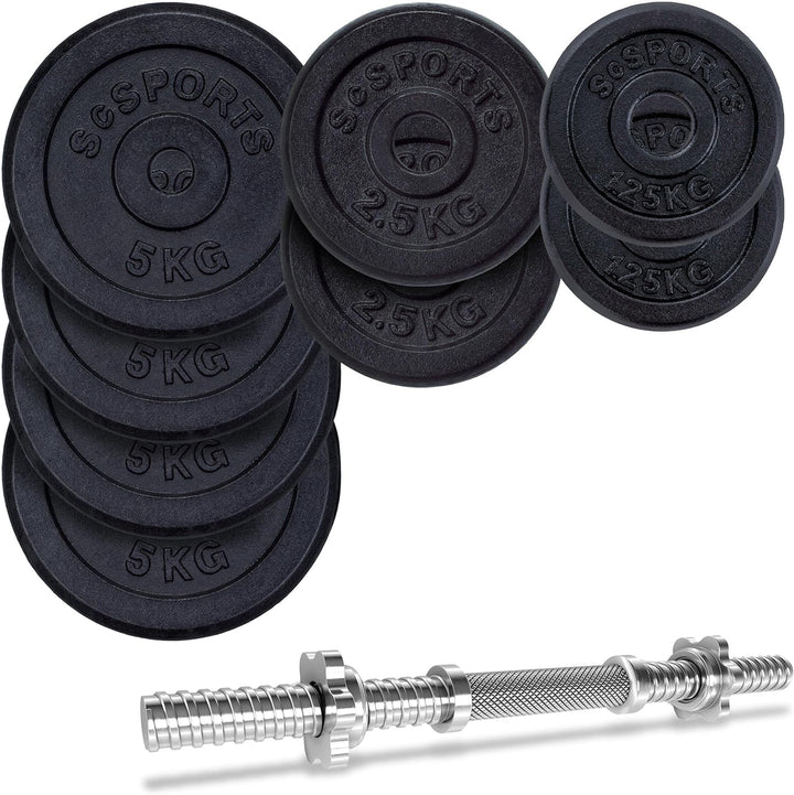Set de placi cu greutate si bara de haltere, 27.5 KG(4x 5 + 2x 2.5 + 2x 1.25), 30/31mm, fonta, blocare cu stea ScSports