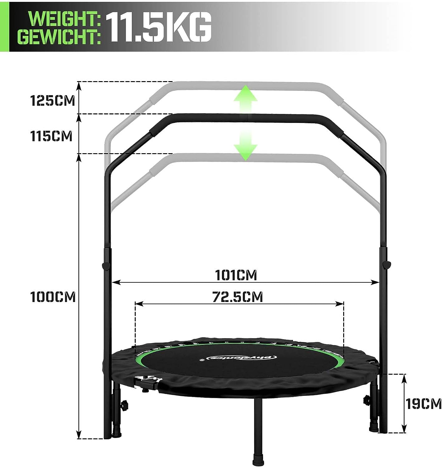 Trambulina fitness cu maner detasabil, pentru interior si exterior, pliabila, capacitate suportata 150 kg, negru/verde