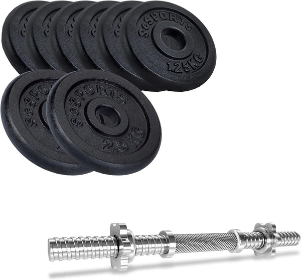 Set de placi cu greutati si bara de gantere, 12.5 KG (2x 2.5 + 6x 1.25), 30/31mm, fonta, blocare cu stea ScSports