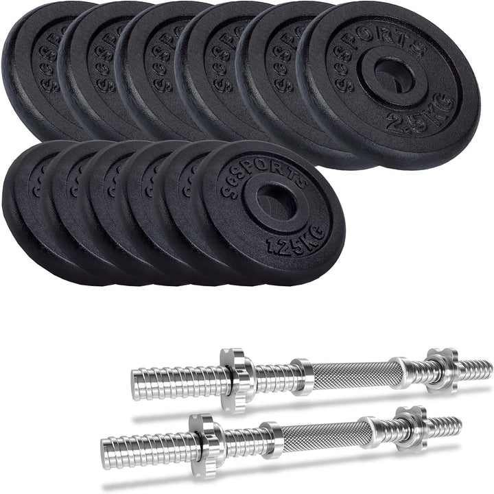 Set de placi cu greutate si 2 bare de haltere, 22 KG (6 x 2.5 kg + 6 x 1.25 kg), 30/31 mm, fonta, blocare cu stea ScSports