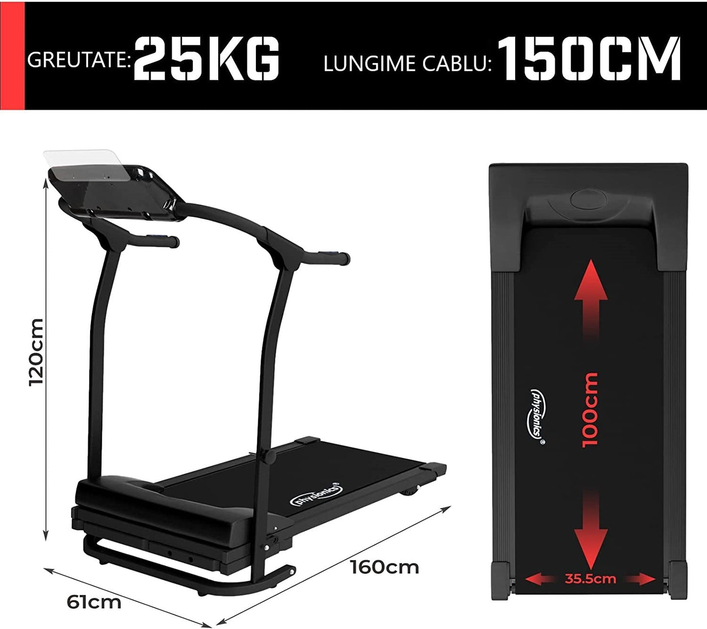 Banda de alergare 500W, pliabila, afisaj LED, conexiune Bluetooth telefon/tableta, 5 programe, 3 nivele inclinare, 10 km/h, 120 x 61 x 112 cm