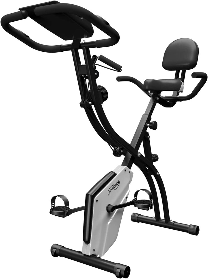 Bicicleta fitness, senzor puls ghidon, display LCD monitorizeaza timpul, viteza, scanare, pulsul, caloriile si odometru, suport telefon, scaun reglabil, pliabila, 42.5 x 77 x 115 cm cm PHYSIONICS