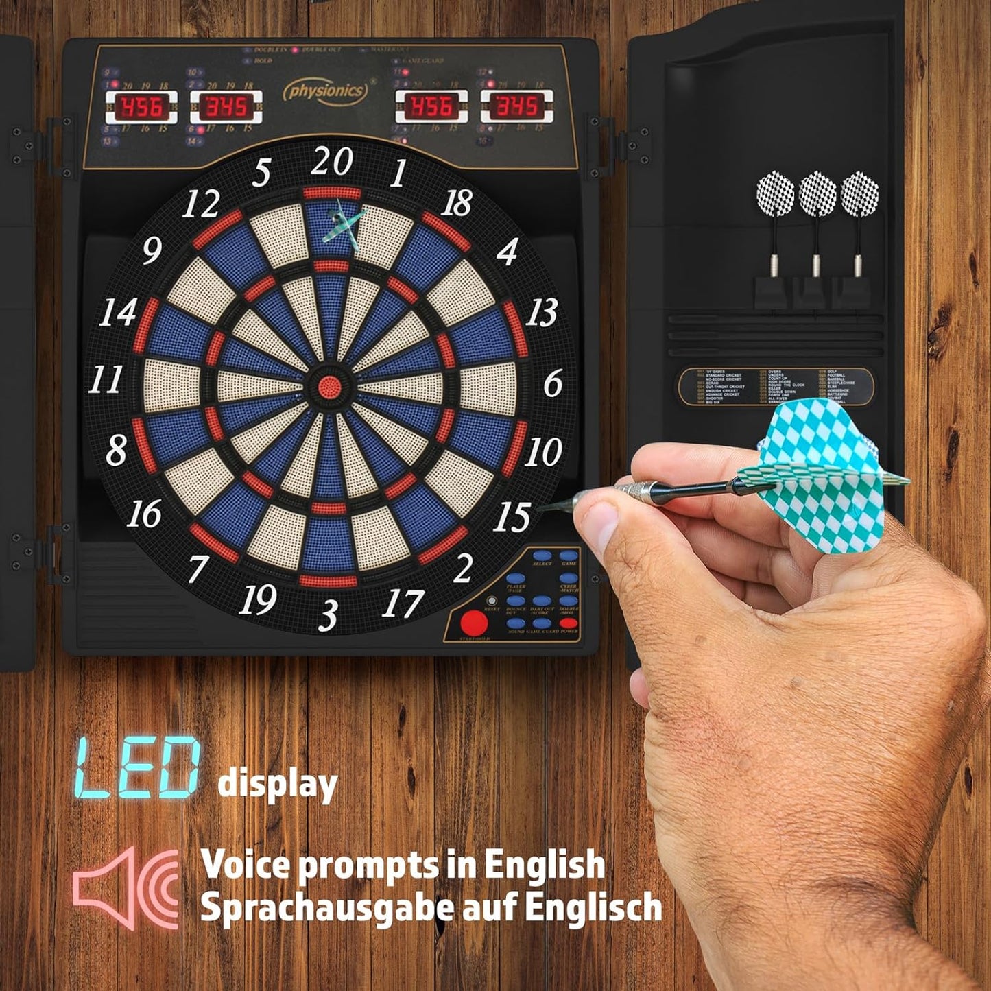 Set darts electronic, LED, pentru 1-16 jucatori, 12 sageti, 100 varfuri rezerva, 60 x 50, 5 x 5, 5 cm