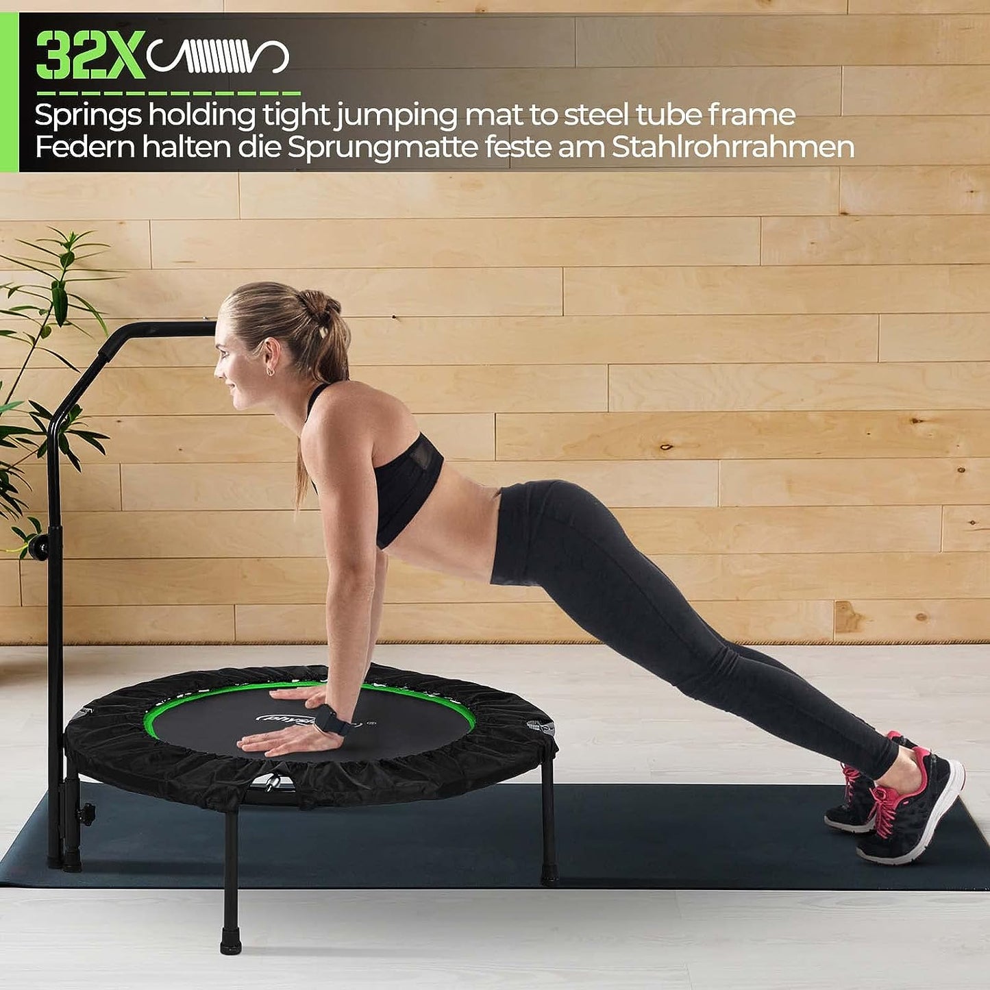 Trambulina fitness cu maner detasabil, pentru interior si exterior, pliabila, capacitate suportata 150 kg, negru/verde