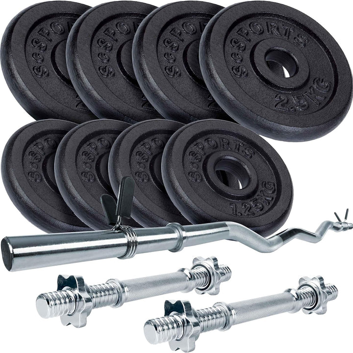 Set de discuri cu greutati si bare cu gantere, bara de curl, 15 kg (4 x 2, 5 + 4 x 1, 25), 30/31mm, din fonta, blocare cu stea ScSports