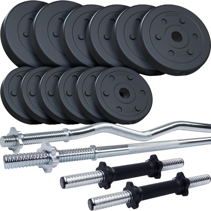 Set de discuri cu greutate si 4 bare(2 gantere, bara dreapta, bara SZ), 27.5 KG (2x5+4x2.5+6x1.25), 30/31mm ScSports