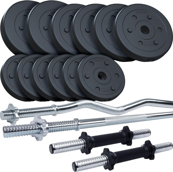 Set de discuri cu greutate si 4 bare(2 gantere, bara dreapta, bara SZ), 27.5 KG (2x5+4x2.5+6x1.25), 30/31mm ScSports