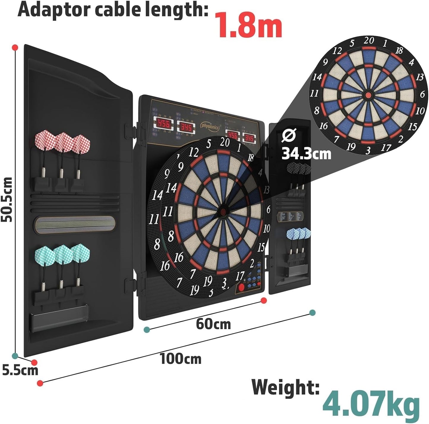 Set darts electronic, LED, pentru 1-16 jucatori, 12 sageti, 100 varfuri rezerva, 60 x 50, 5 x 5, 5 cm