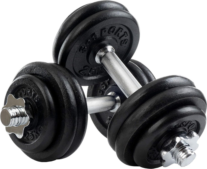 Set de discuri cu greutate si 2 bare de gantere, 25 KG (8 x 2.5 kg + 4 x 1.25 kg), 30/31 mm, fonta, blocare cu stea ScSports
