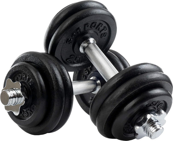 Set de discuri cu greutate si 2 bare de gantere, 25 KG (8 x 2.5 kg + 4 x 1.25 kg), 30/31 mm, fonta, blocare cu stea ScSports