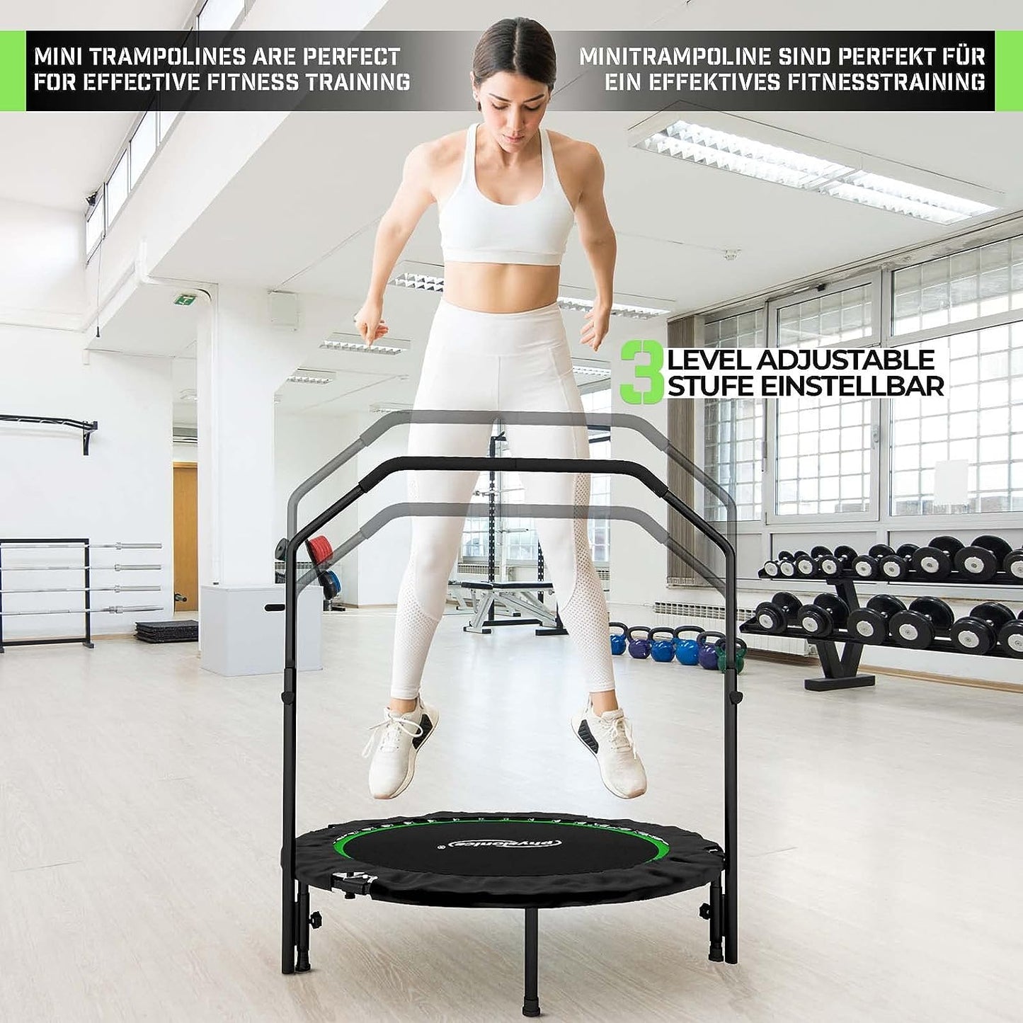 Trambulina fitness cu maner detasabil, pentru interior si exterior, pliabila, capacitate suportata 150 kg, negru/verde