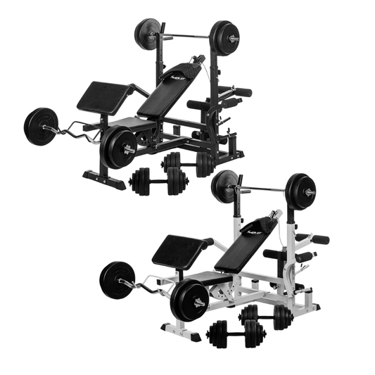 Banca multifunctionala, inclusiv gantere de 115 Kg, alb/negru MOVIT