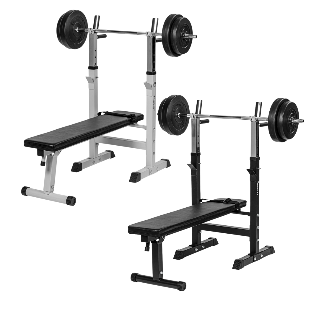 Banca, + set greutati de 30 Kg, alba/negru MOVIT