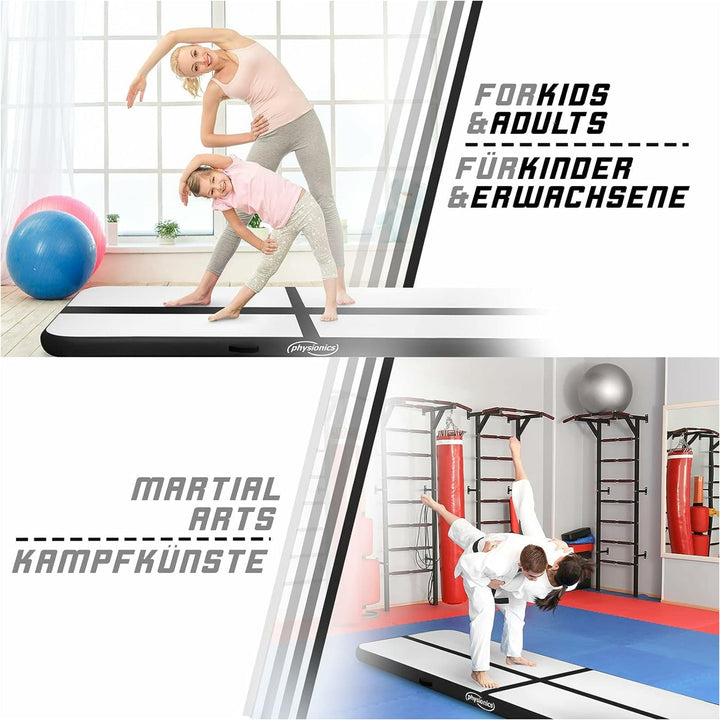 Saltea gimnastica gonflabila, neagra, cu pompa electrica, 300x100x10 cm, Physionics - Gorilla Sports Ro