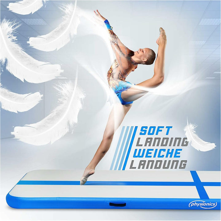 Saltea gimnastica gonflabila, albastra, cu pompa electrica, 300x100x10 cm, Physionics - Gorilla Sports Ro