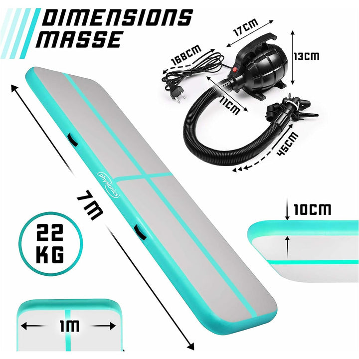 Saltea gimnastica gonflabila, turcoaz, cu pompa electrica, 400x100x10 cm, Physionics - Gorilla Sports Ro