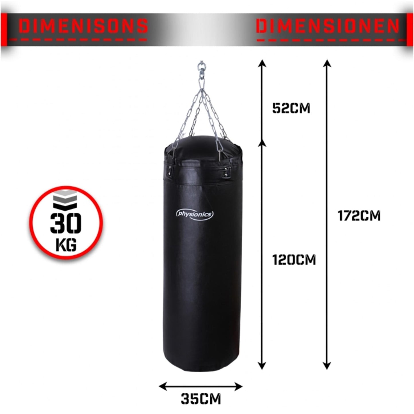 Sac de box Physionics pentru adulti 120 cm 30 kg - Gorilla Sports Ro