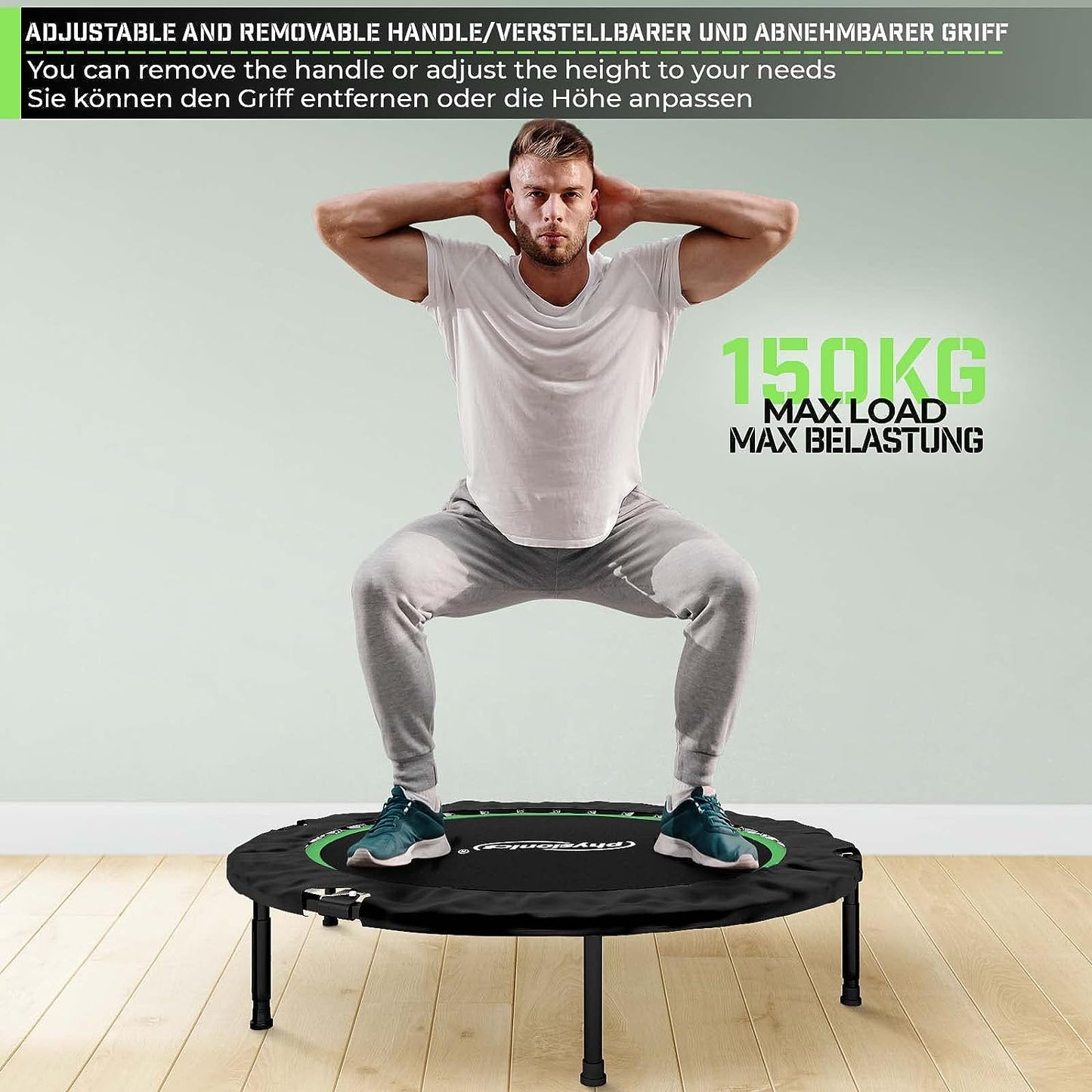 Trambulina fitness cu maner detasabil, pentru interior si exterior, pliabila, capacitate suportata 150 kg, negru/verde