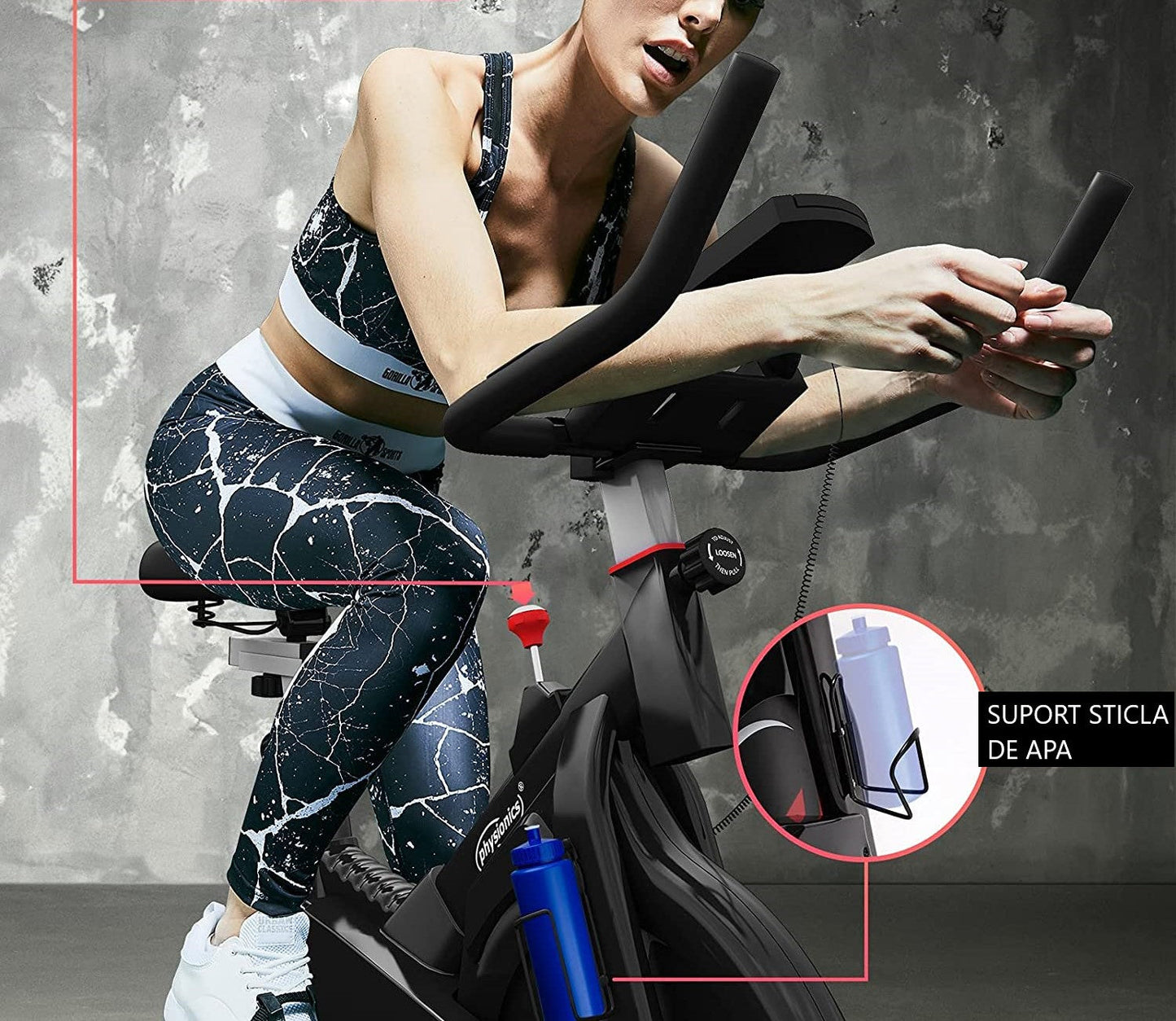 Bicicleta fitness, senzor puls pe ghidon, display LCD ce monitorizeaza timpul, viteza, distanta, pulsul, cronometru si caloriile, suport sticla apa, scaun/ghidon reglabil, 101 x 53 x 120 c