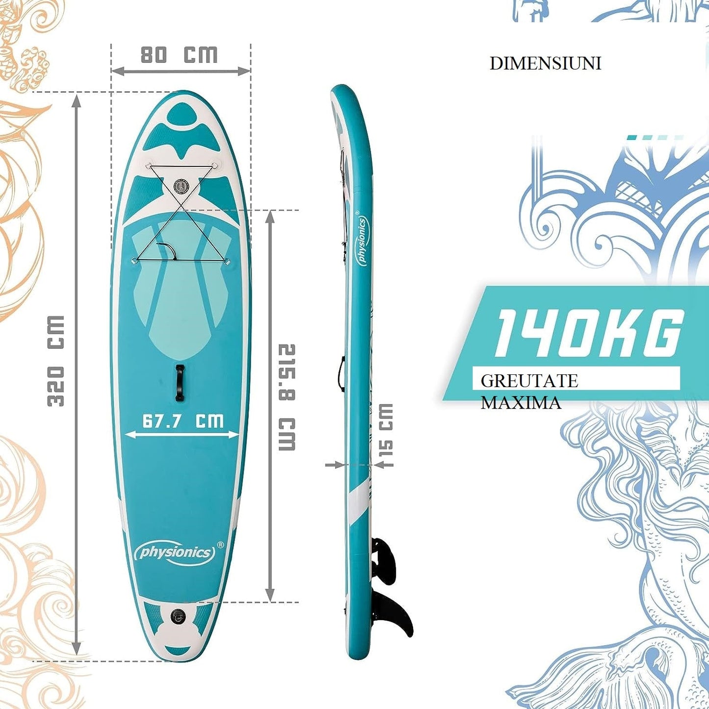 Placa de surf, Sup gobflabila, 305x76x12cm, verde menta