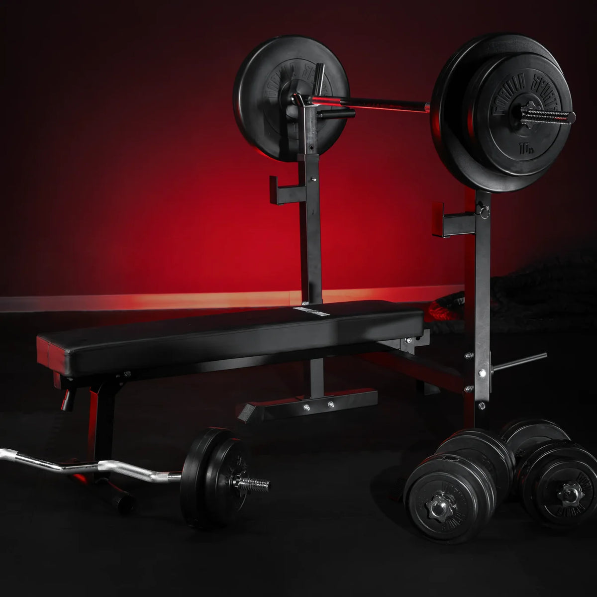 Banca de exercitii cu suport, lata, inclusiv set de gantere 40/70/100 kg