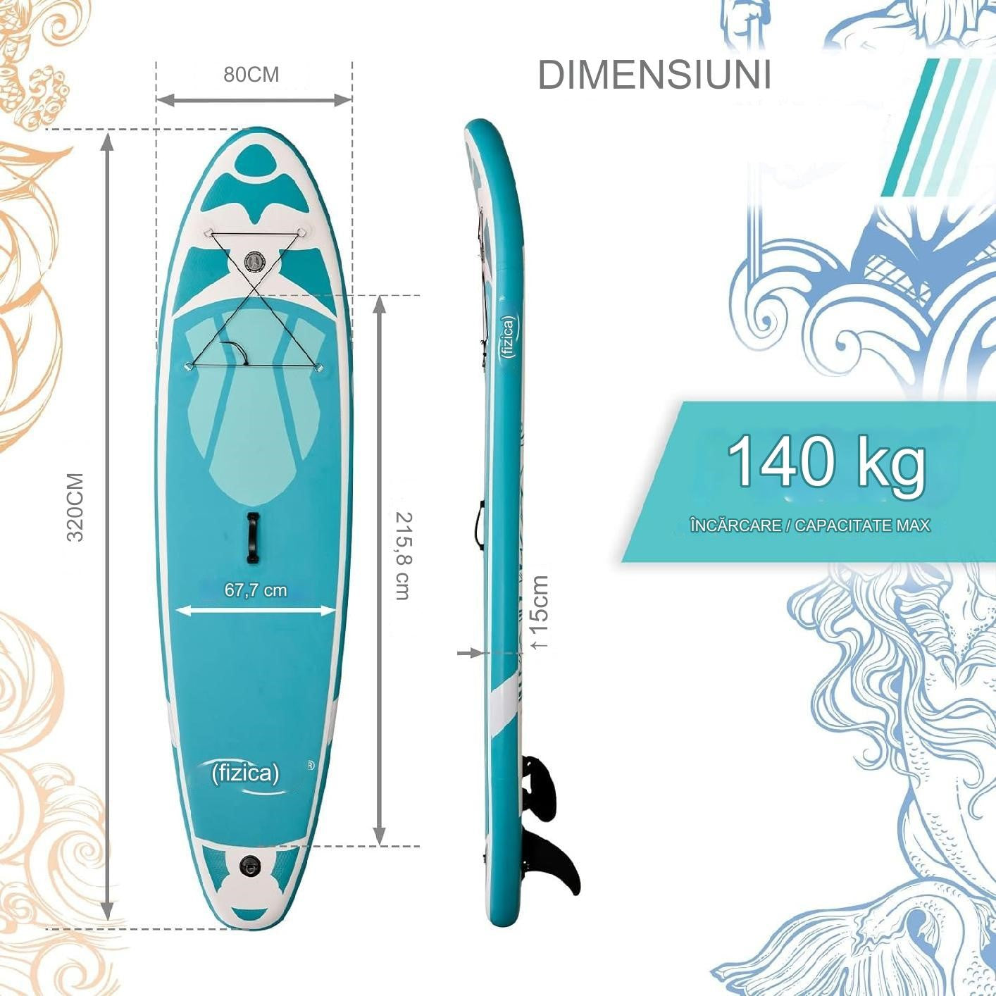 Placa de surf, Sup gobflabila, 320 x 80 x 15 cm, albastru deschis