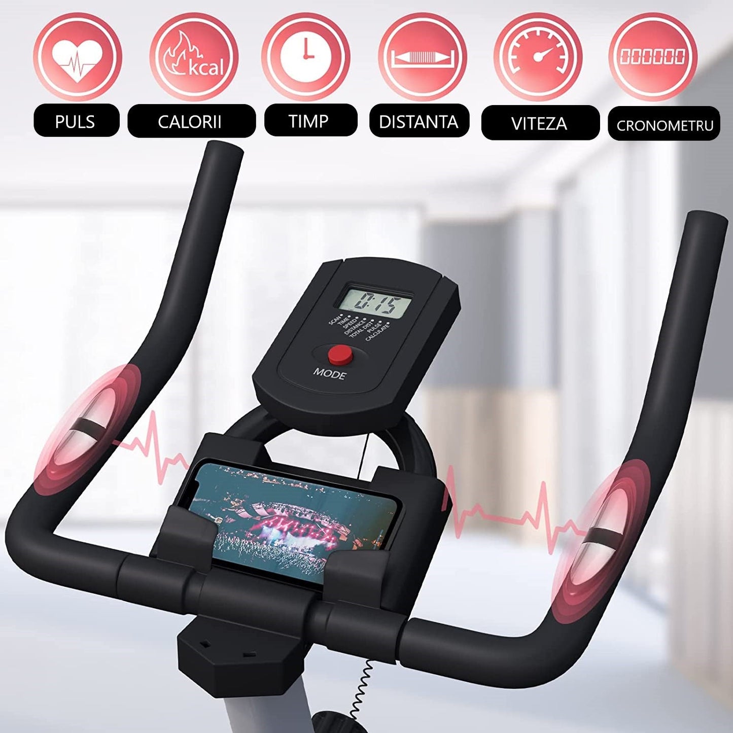 Bicicleta fitness, senzor puls pe ghidon, display LCD ce monitorizeaza timpul, viteza, distanta, pulsul, cronometru si caloriile, suport sticla apa, scaun/ghidon reglabil, 101 x 53 x 120 c