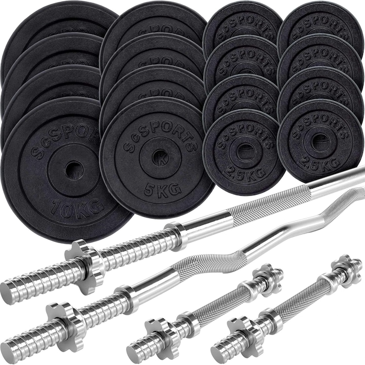 Set de haltere 17.5 - 100 KG, bara de haltere 30 mm, 120/160 cm, discuri, fonta, cleme de fixare ScSports