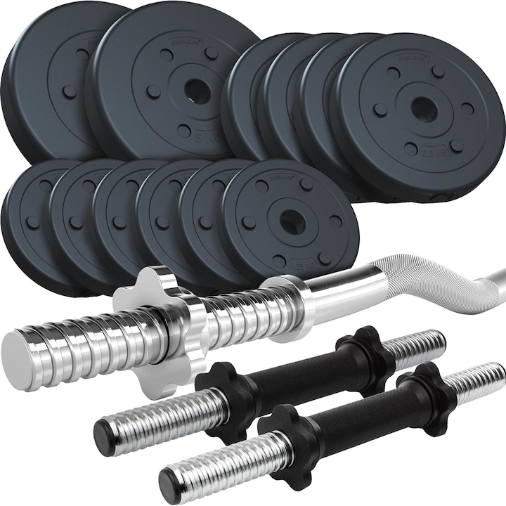 Set de discuri cu greutate si 3 bare(2 bare de haltere, bara SZ), 27.5 kg (2x5+4x2.5+6x1.25), 30/31 mm, blocare cu stea, negru ScSports