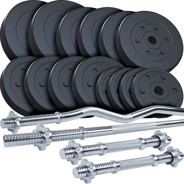 Set de haltere si discuri de plastic umplute cu ciment de 80 kg cu 1x bara dreapta, 1x bara de curl SZ si 2X haltere cu filet ScSports