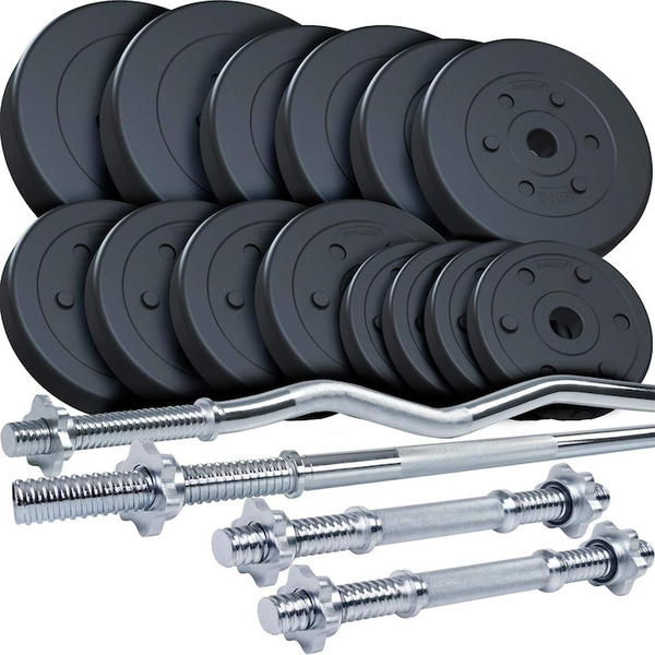 Set de haltere si discuri de plastic umplute cu ciment de 80 kg cu 1x bara dreapta, 1x bara de curl SZ si 2X haltere cu filet ScSports