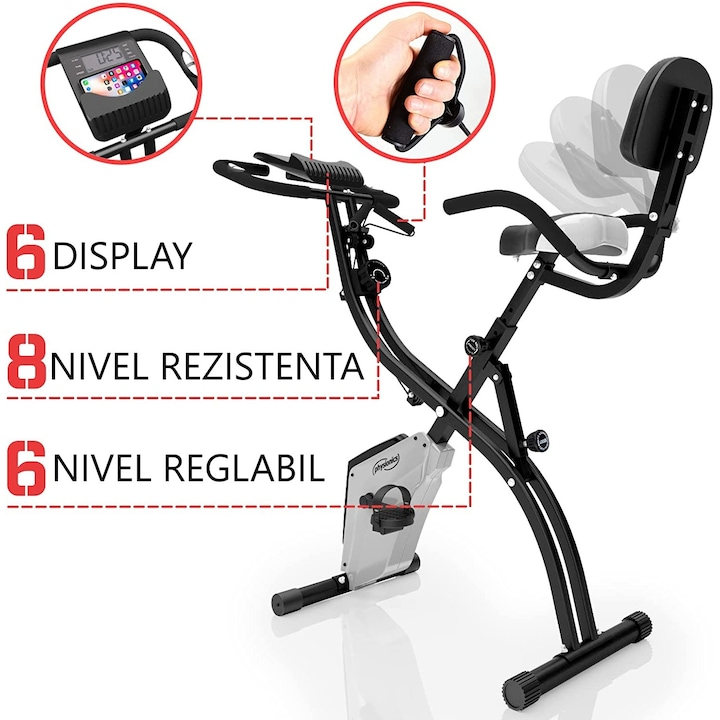 Bicicleta fitness, senzor puls ghidon, display LCD monitorizeaza timpul, viteza, scanare, pulsul, caloriile si odometru, suport telefon, scaun reglabil, pliabila, 42.5 x 77 x 115 cm cm PHYSIONICS