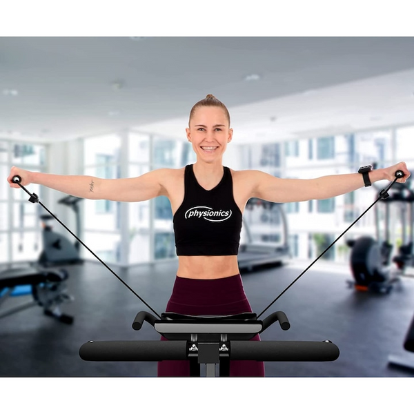 Bicicleta fitness, senzor puls ghidon, display LCD monitorizeaza timpul, viteza, scanare, pulsul, caloriile si odometru, suport telefon, scaun reglabil, pliabila, 42.5 x 77 x 115 cm cm PHYSIONICS