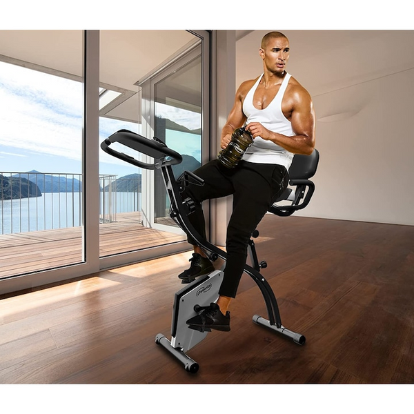 Bicicleta fitness, senzor puls ghidon, display LCD monitorizeaza timpul, viteza, scanare, pulsul, caloriile si odometru, suport telefon, scaun reglabil, pliabila, 42.5 x 77 x 115 cm cm PHYSIONICS