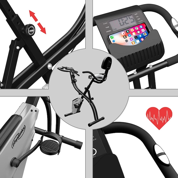 Bicicleta fitness, senzor puls ghidon, display LCD monitorizeaza timpul, viteza, scanare, pulsul, caloriile si odometru, suport telefon, scaun reglabil, pliabila, 42.5 x 77 x 115 cm cm PHYSIONICS