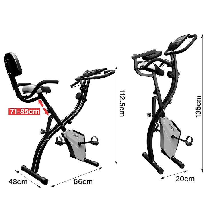 Bicicleta fitness, senzor puls ghidon, display LCD monitorizeaza timpul, viteza, scanare, pulsul, caloriile si odometru, suport telefon, scaun reglabil, pliabila, 42.5 x 77 x 115 cm cm PHYSIONICS
