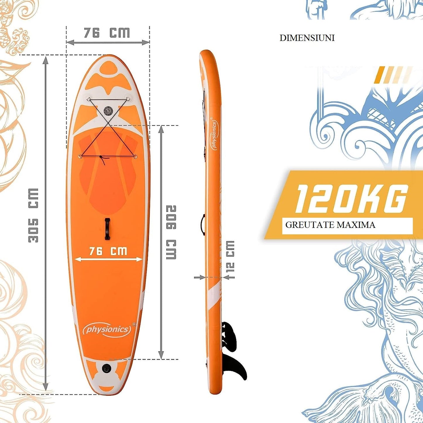 Placa de surf, Sup gobflabila, 305x76x12cm, portocalie