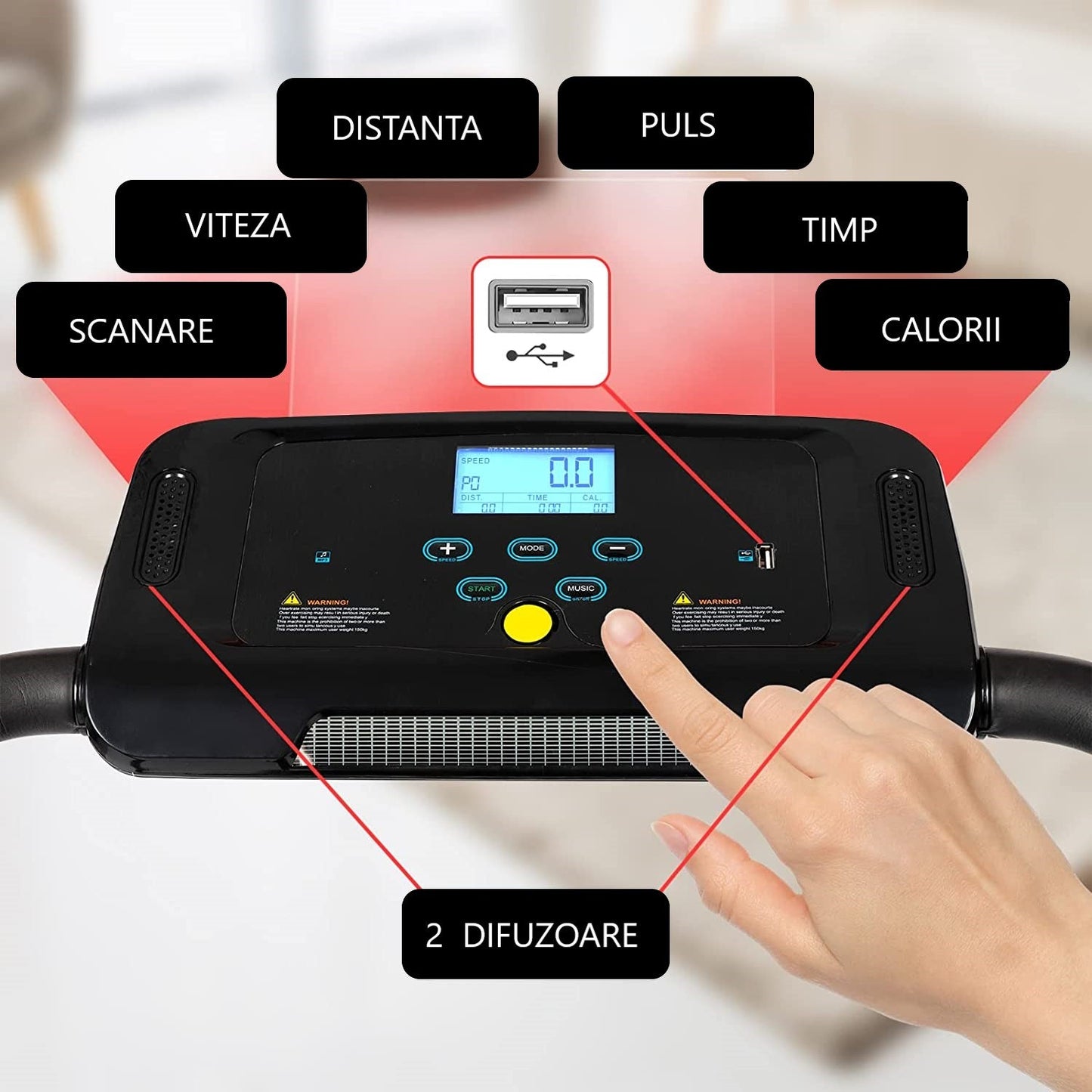 Banda de alergare 500W, pliabila, afisaj LED, conexiune Bluetooth telefon/tableta, 5 programe, 3 nivele inclinare, 10 km/h, 120 x 61 x 112 cm